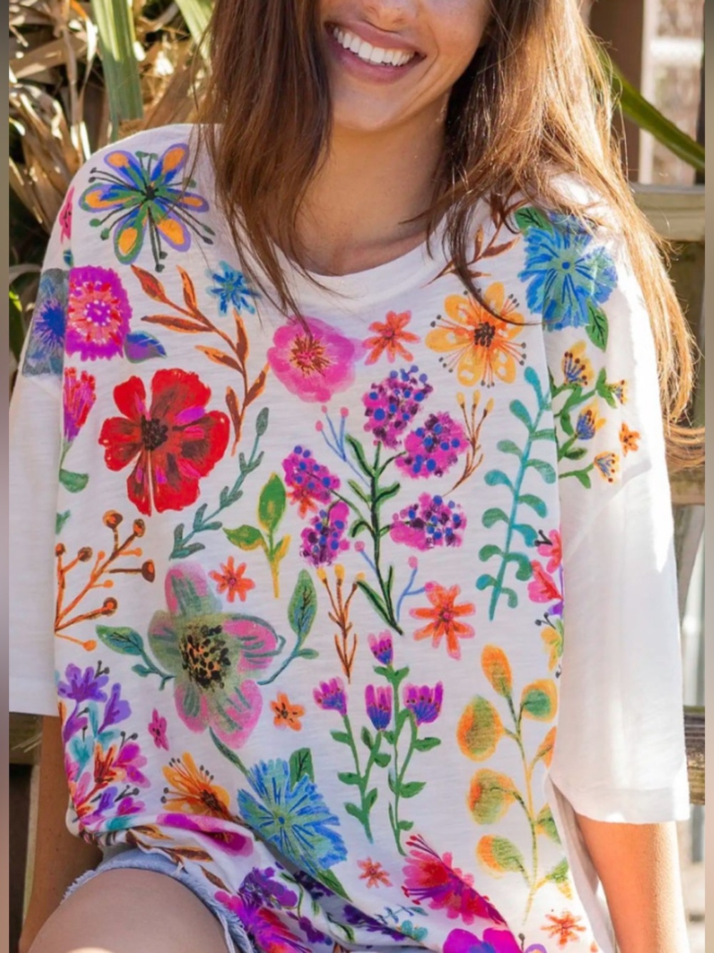 Natural Life One Size Cotton Tee Vibrant Floral Print Oversized
